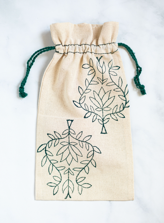 Wine Gift Bag - Green Thread with Lotus, Midnight Green