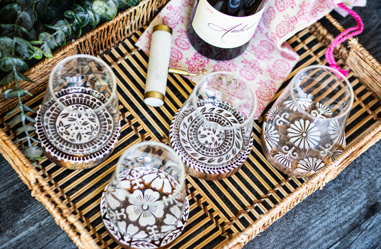 Hand-Carved Wooden Block Coaster - Floral, Aster