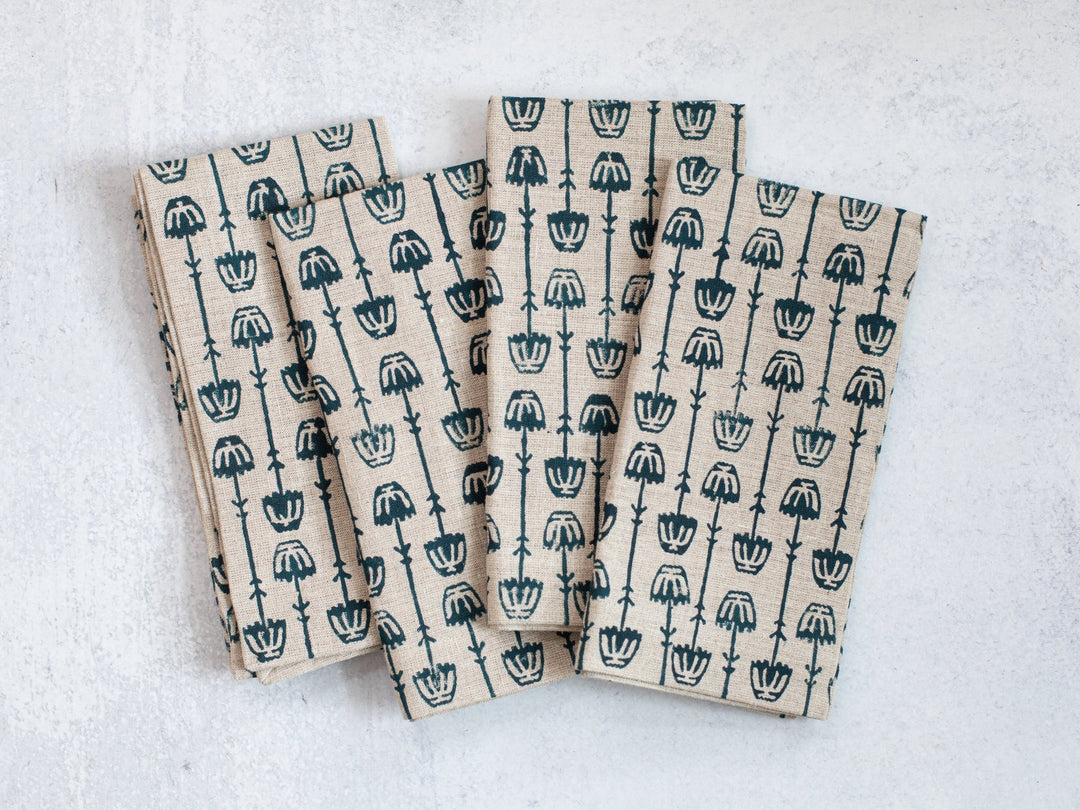 Dinner Napkins (set of 4) - Flax Linen - Mosaic Flower, Midnight - The Mended Company