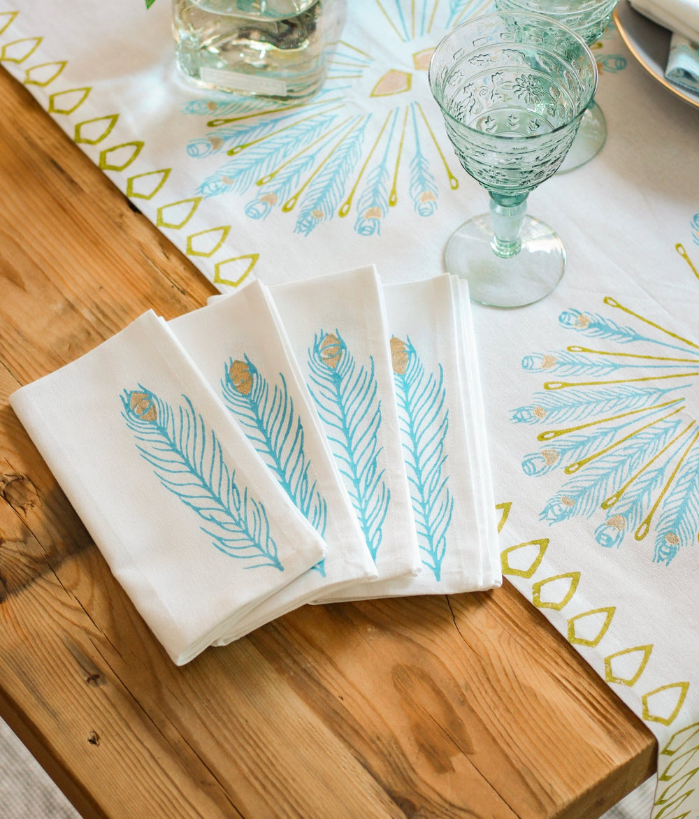 Dinner Napkins (set of 4) - Peacock Feather, Surf & Gold - The Mended Company