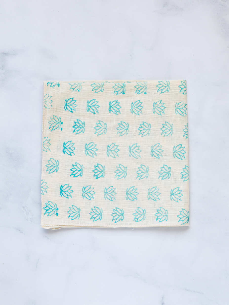 Pocket Square - Cream Linen with Baby Lotus, Saltwater
