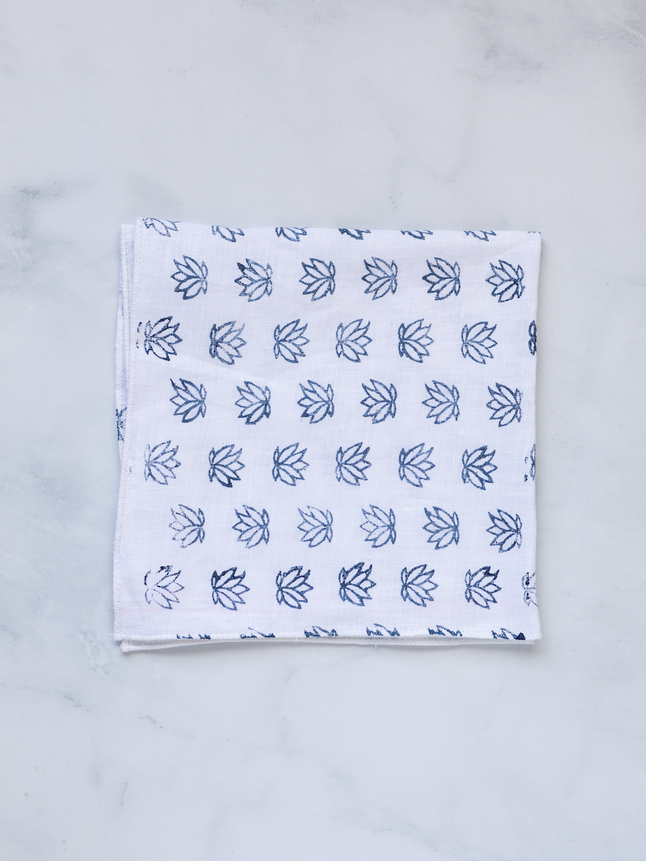 Pocket Square - White Linen with Baby Lotus, Navy
