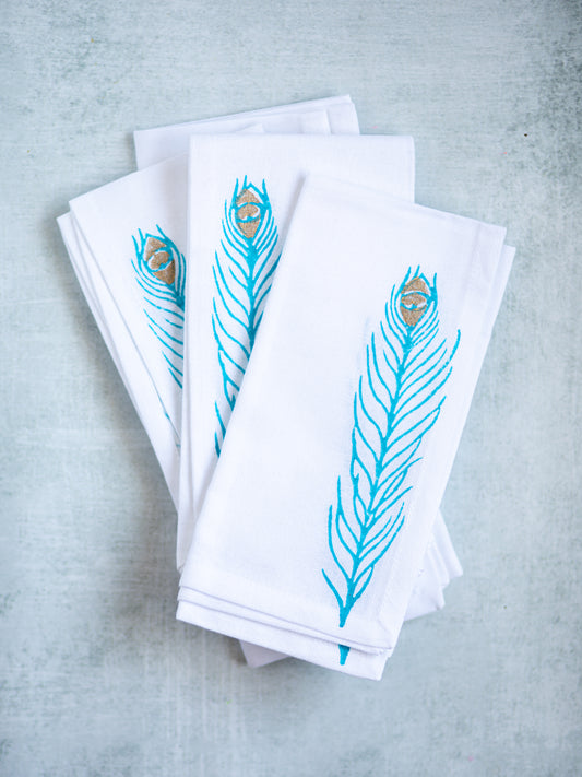 Dinner Napkins (set of 4) - Peacock Feather, Surf & Gold