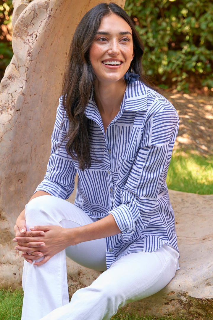 MENDED Andie Button Down Shirt Navy Block Stripe Print Shirt