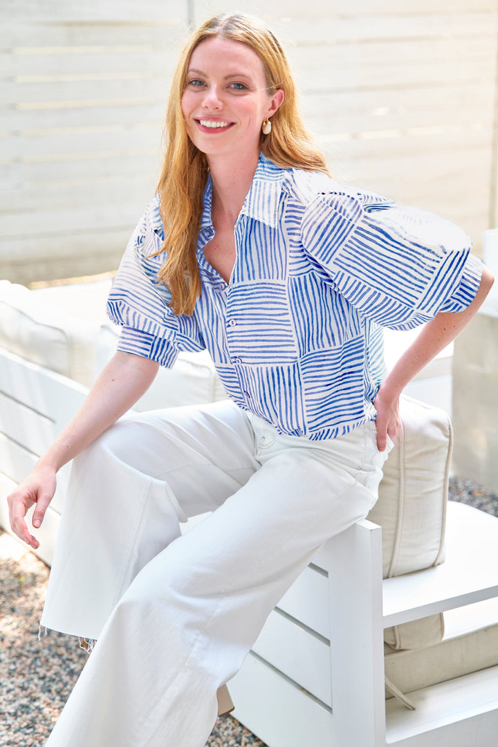 MENDED Bomba Twist-Hem Short Sleeve Shirt, Navy Block Stripe