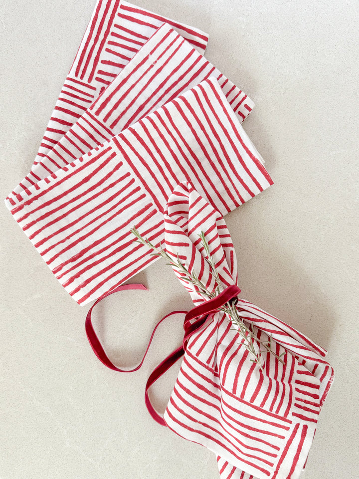 Organic Napkins (set of 4) - Stripe, Red - The Mended Company