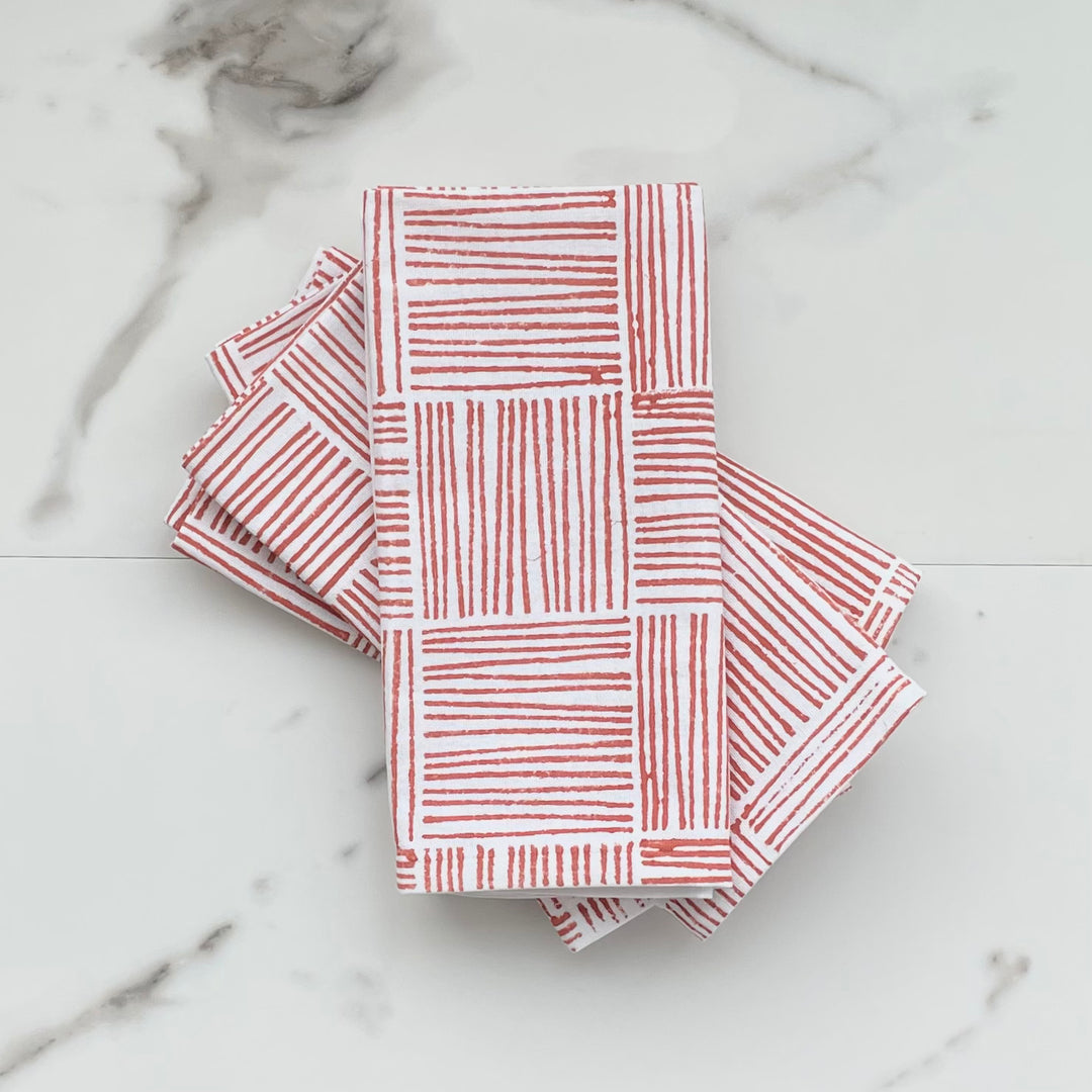 Organic Ivory Napkins (set of 4) - Small Stripe, Terracotta
