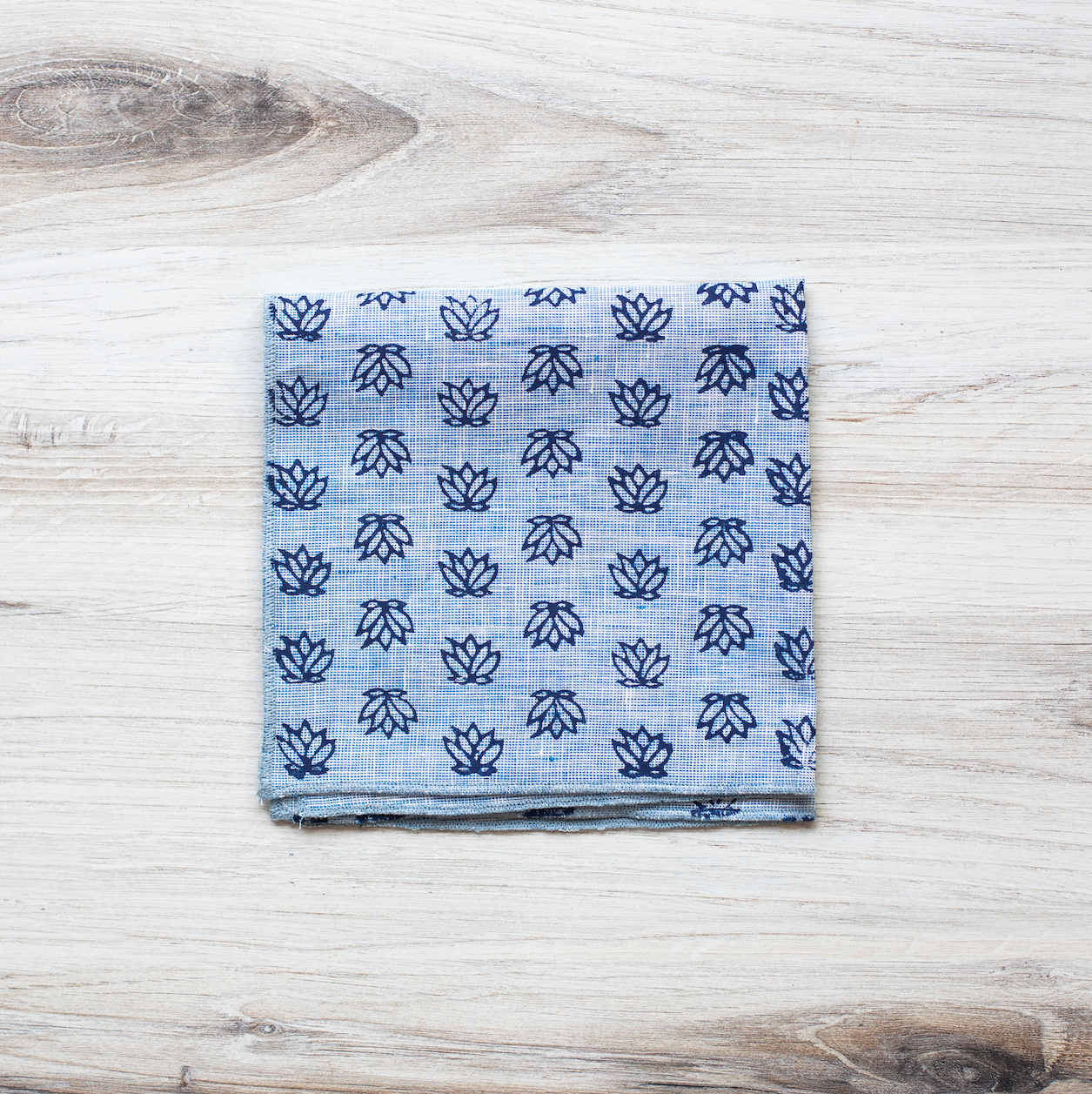 Pocket Square - Denim Linen with Baby Lotus, Navy