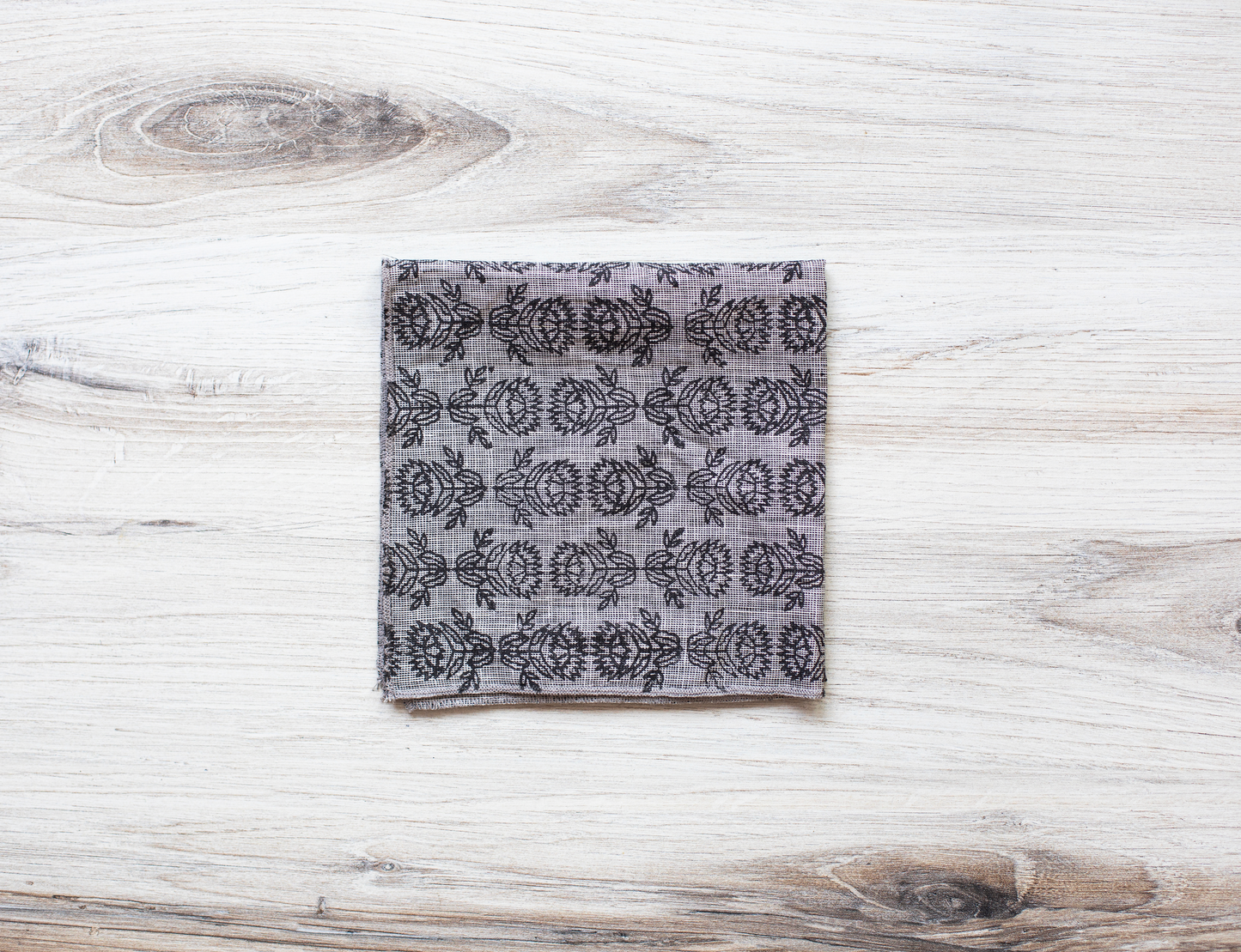 Pocket Square - Gray Linen with Protea, Black