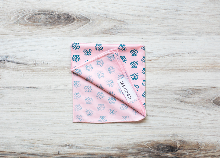 Pocket Square - Light Pink Cotton with Baby Lotus, Saltwater