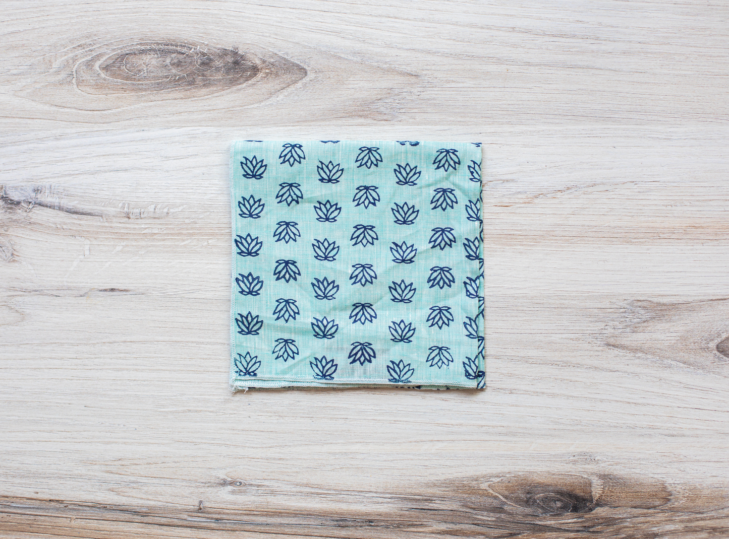 Pocket Square - Sea Green Linen with Baby Lotus, Navy