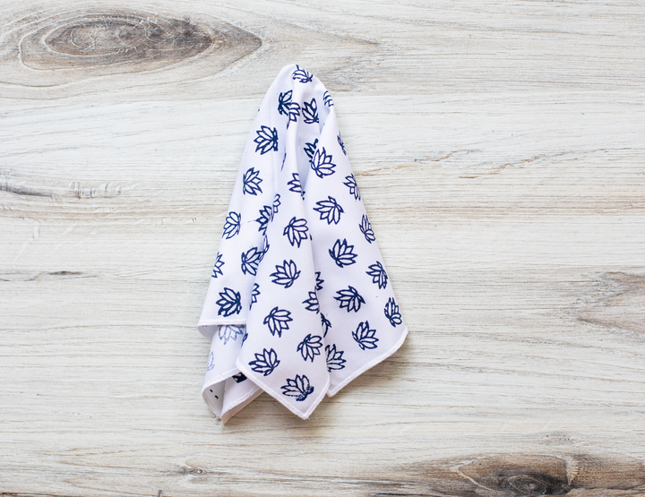 Pocket Square - White Cotton with Baby Lotus, Navy