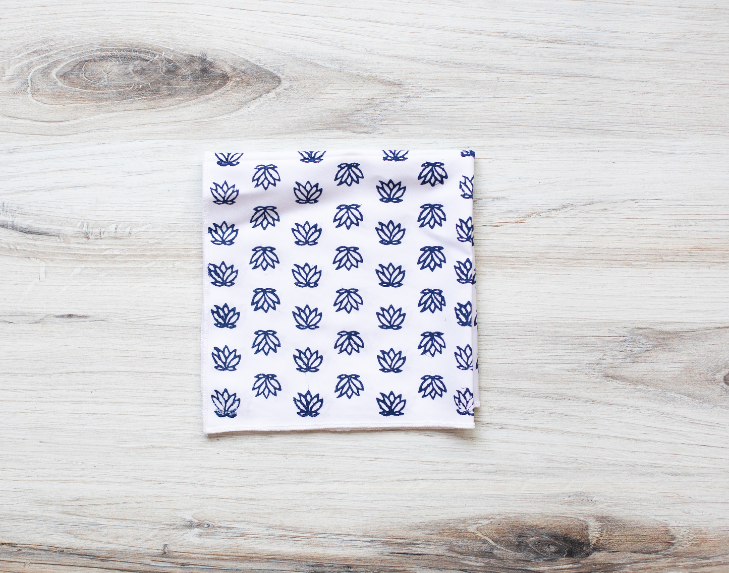 Pocket Square - White Cotton with Baby Lotus, Navy