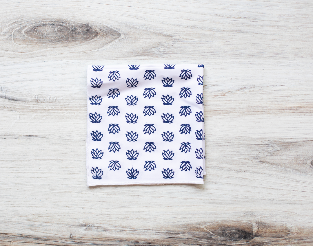 Pocket Square - White Cotton with Baby Lotus, Navy