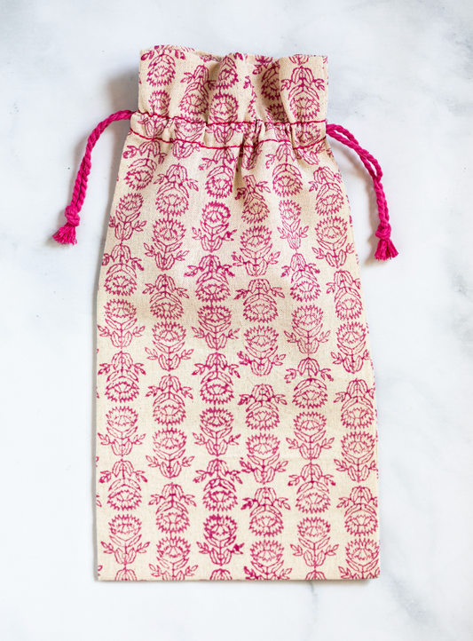 Wine Gift Bag - Pink Thread with Protea, Pink