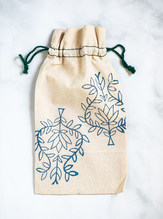 Wine Gift Bag - Green Thread with Lotus, Uniform Blue