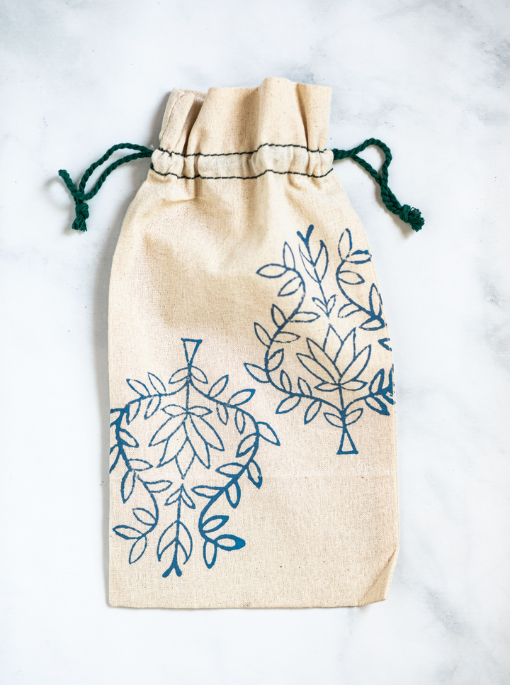 Wine Gift Bag - Lotus, Uniform Blue with Midnight Thread