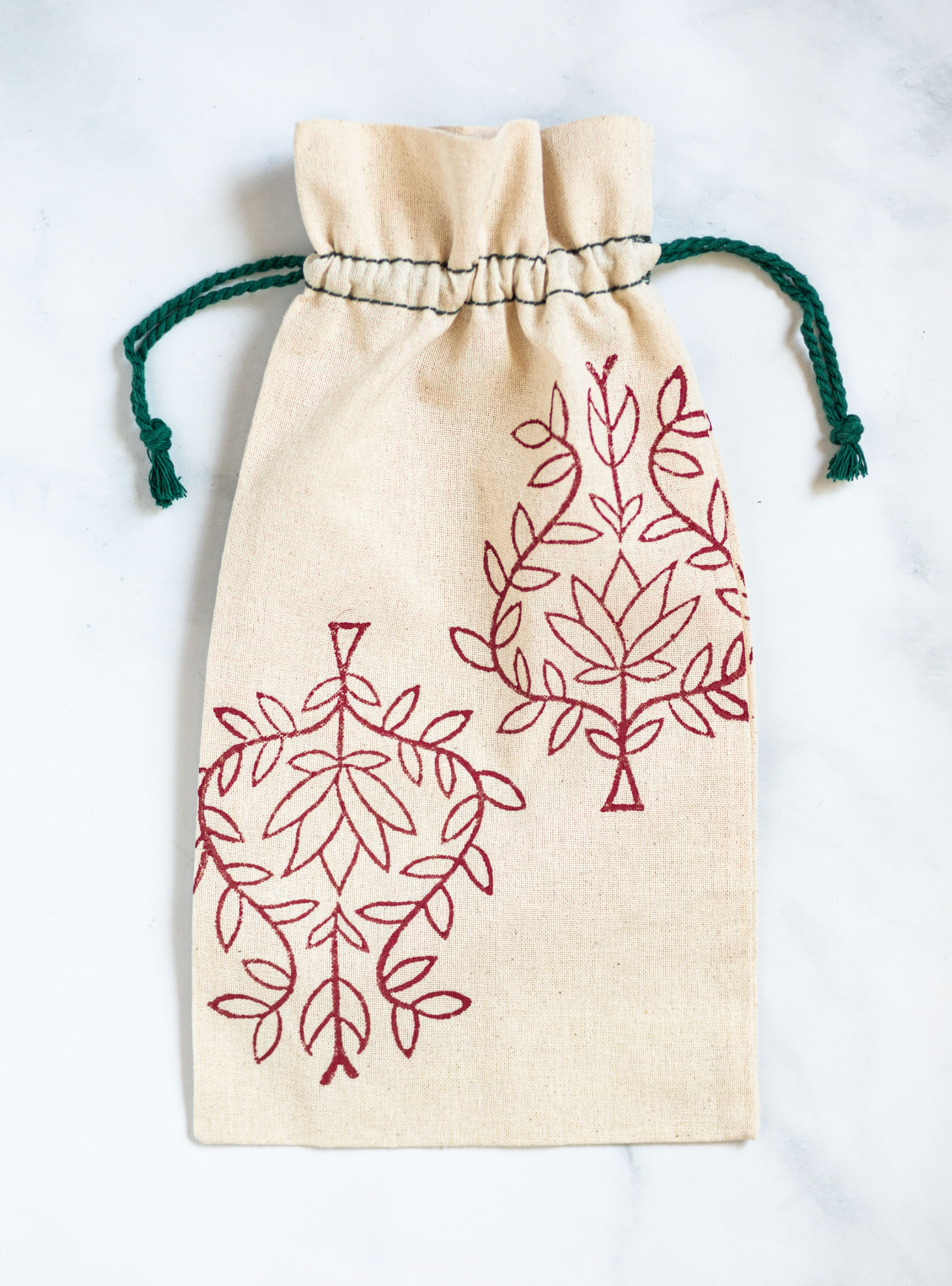 Wine Gift Bag - Green Thread with Lotus, Berry