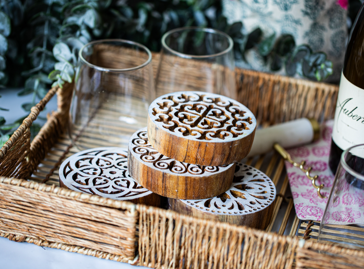 Hand-Carved Wooden Block Coaster - Fleur de lis, Lily