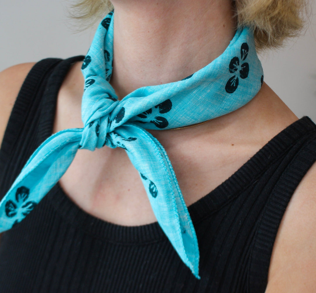 Bandana - Turquoise Linen with Dogwood, Midnight - The Mended Company