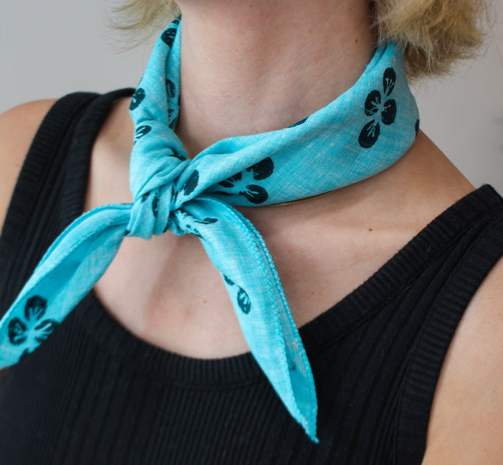 Bandana - Turquoise Linen with Dogwood, Midnight - The Mended Company