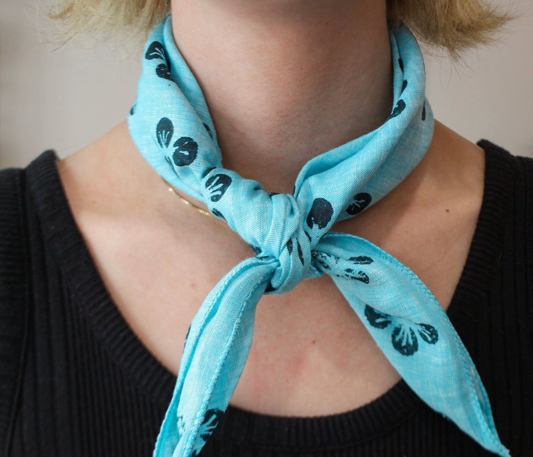 Bandana - Turquoise Linen with Dogwood, Midnight - The Mended Company