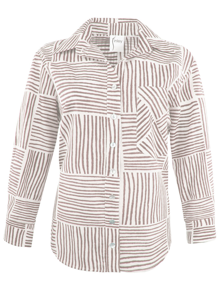 MENDED Andie Button Down Shirt Gold Block Stripe Print Shirt