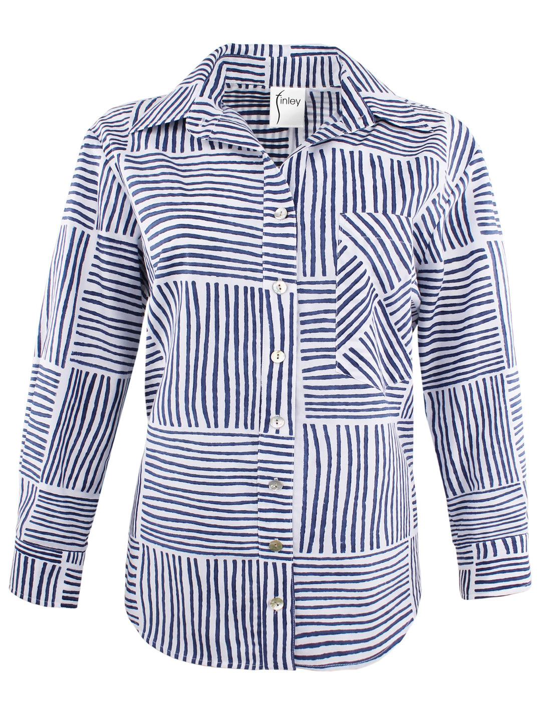 MENDED Andie Button Down Shirt Navy Block Stripe Print Shirt