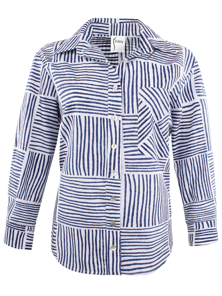 MENDED Andie Button Down Shirt Navy Block Stripe Print Shirt