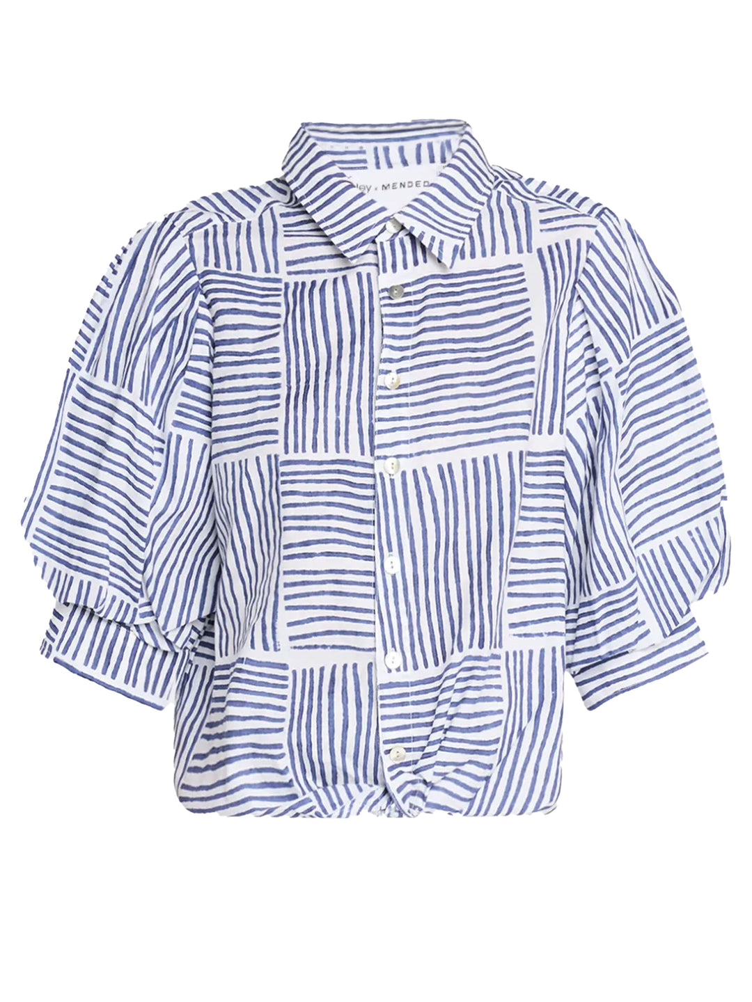 MENDED Bomba Twist-Hem Short Sleeve Shirt, Navy Block Stripe