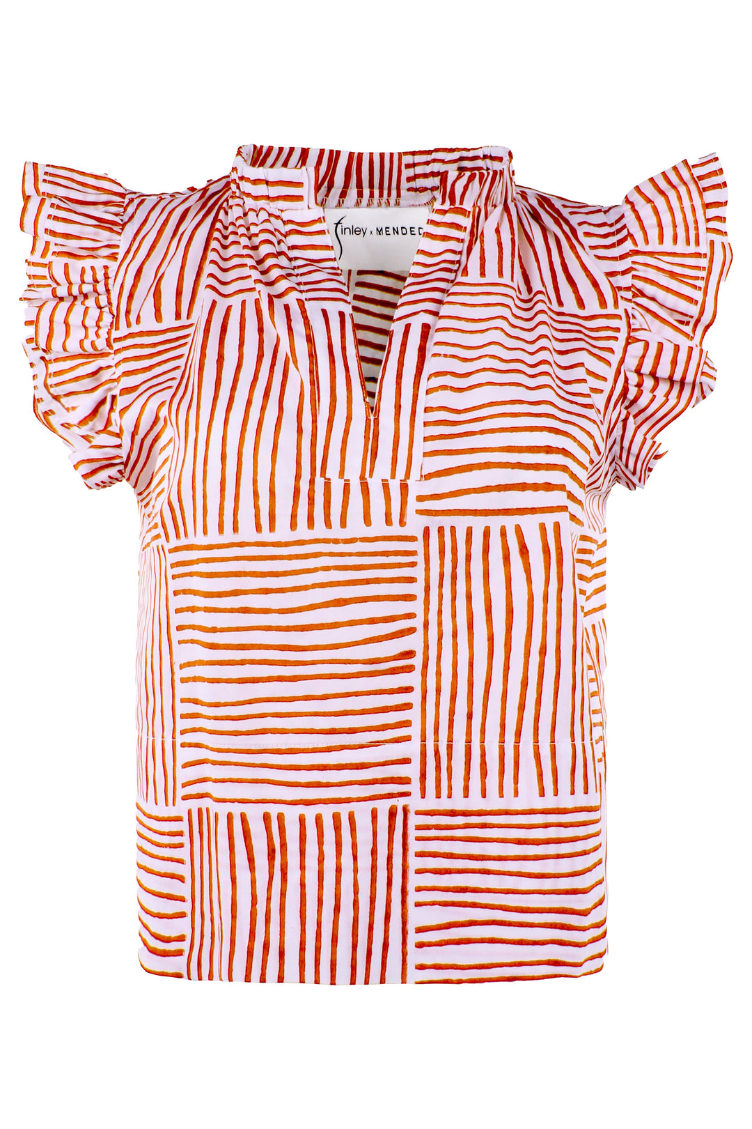 MENDED Remy Ruffle Sleeve Top, Burnt Orange Block Stripe