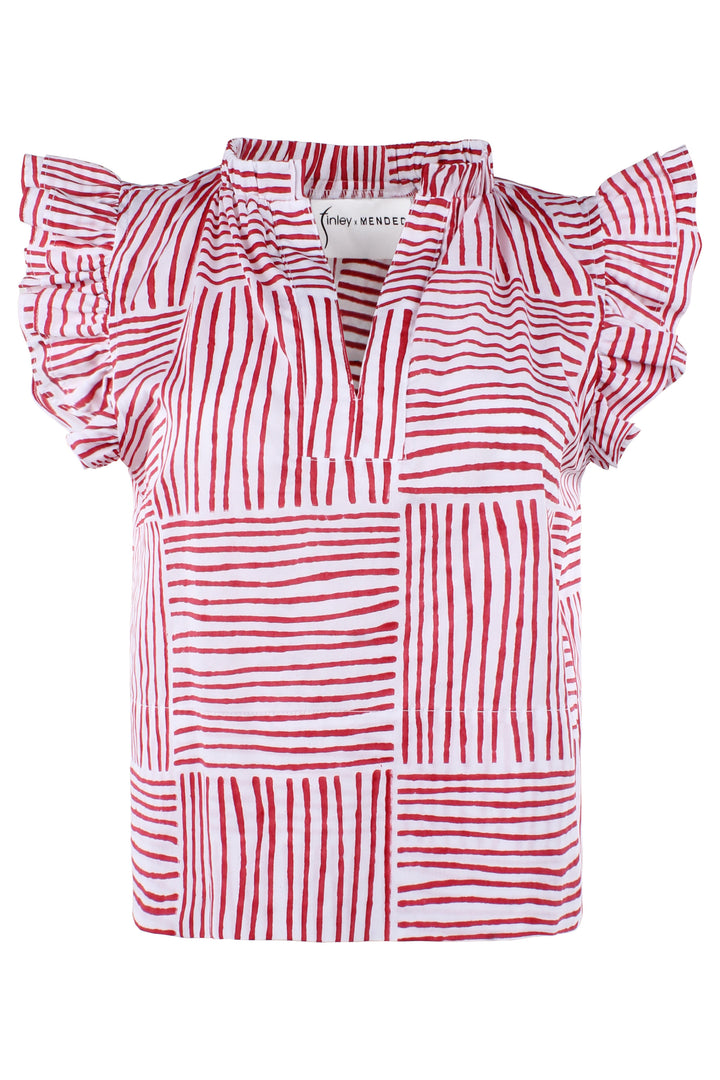 MENDED Remy Ruffle Sleeve Top, Red Block Stripe