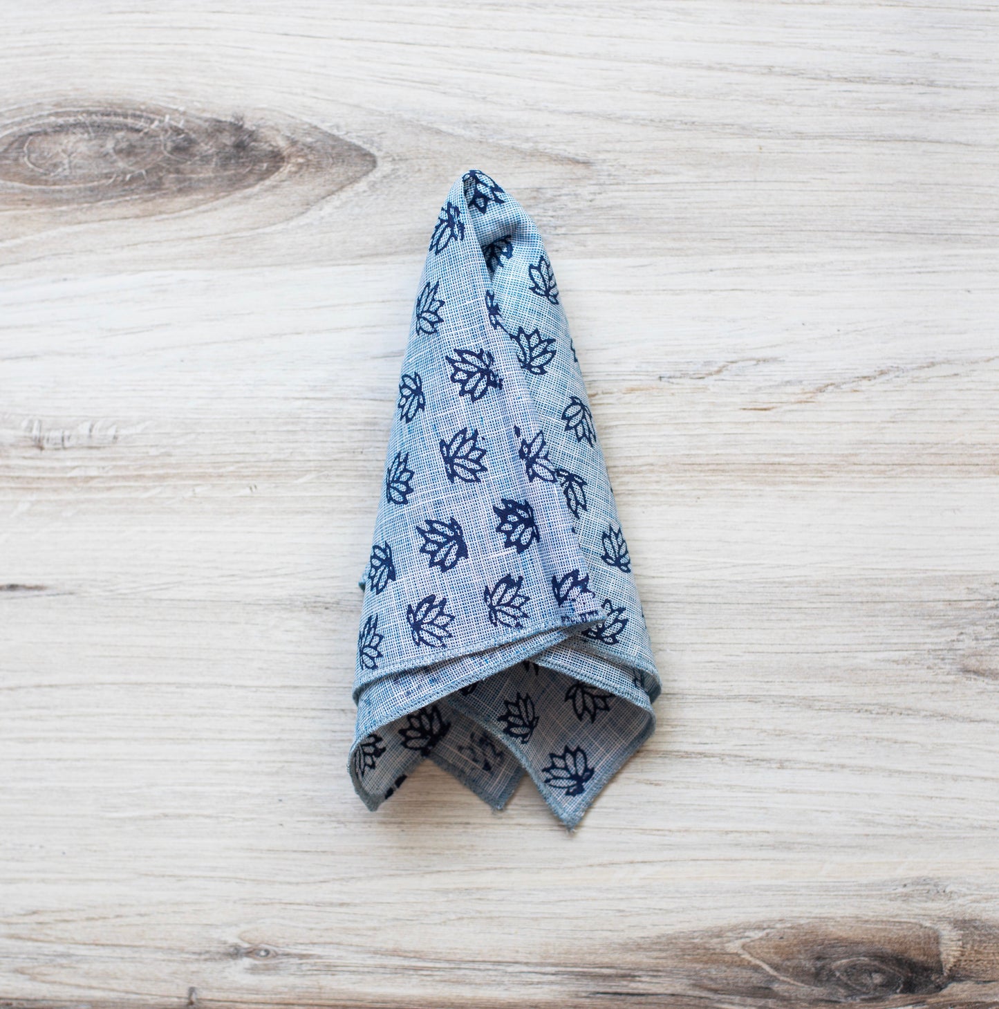 Pocket Square - Denim Linen with Baby Lotus, Navy