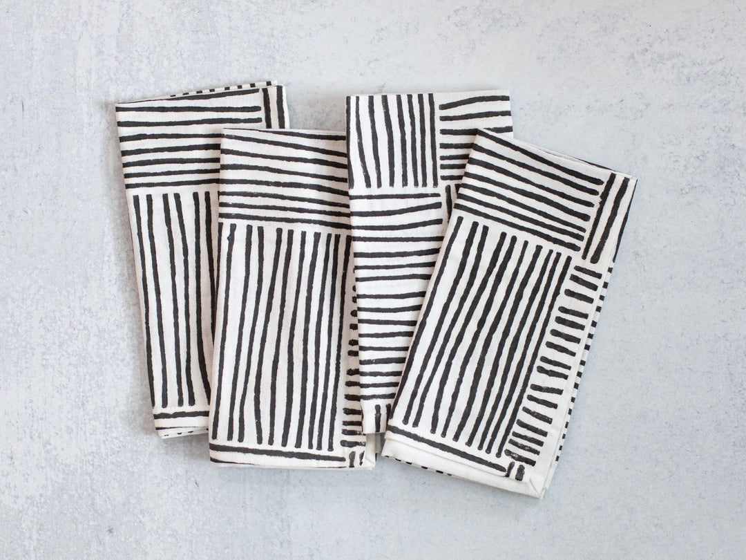Dinner Napkins Ivory (set of 4) - Striped, Black - The Mended Company