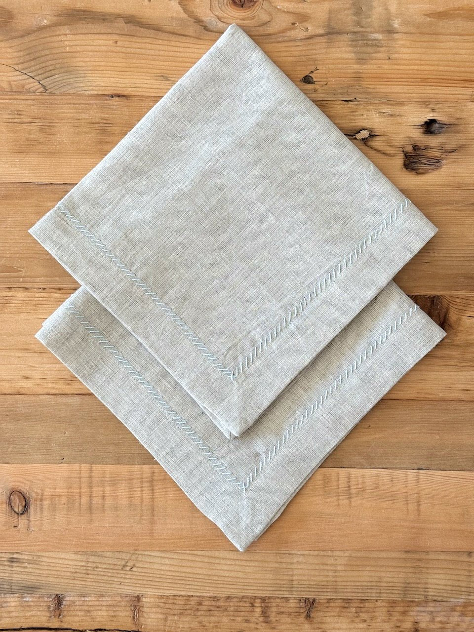 Dinner Napkins (set of 2) - Flax Linen, Light Blue Embroidery - The Mended Company