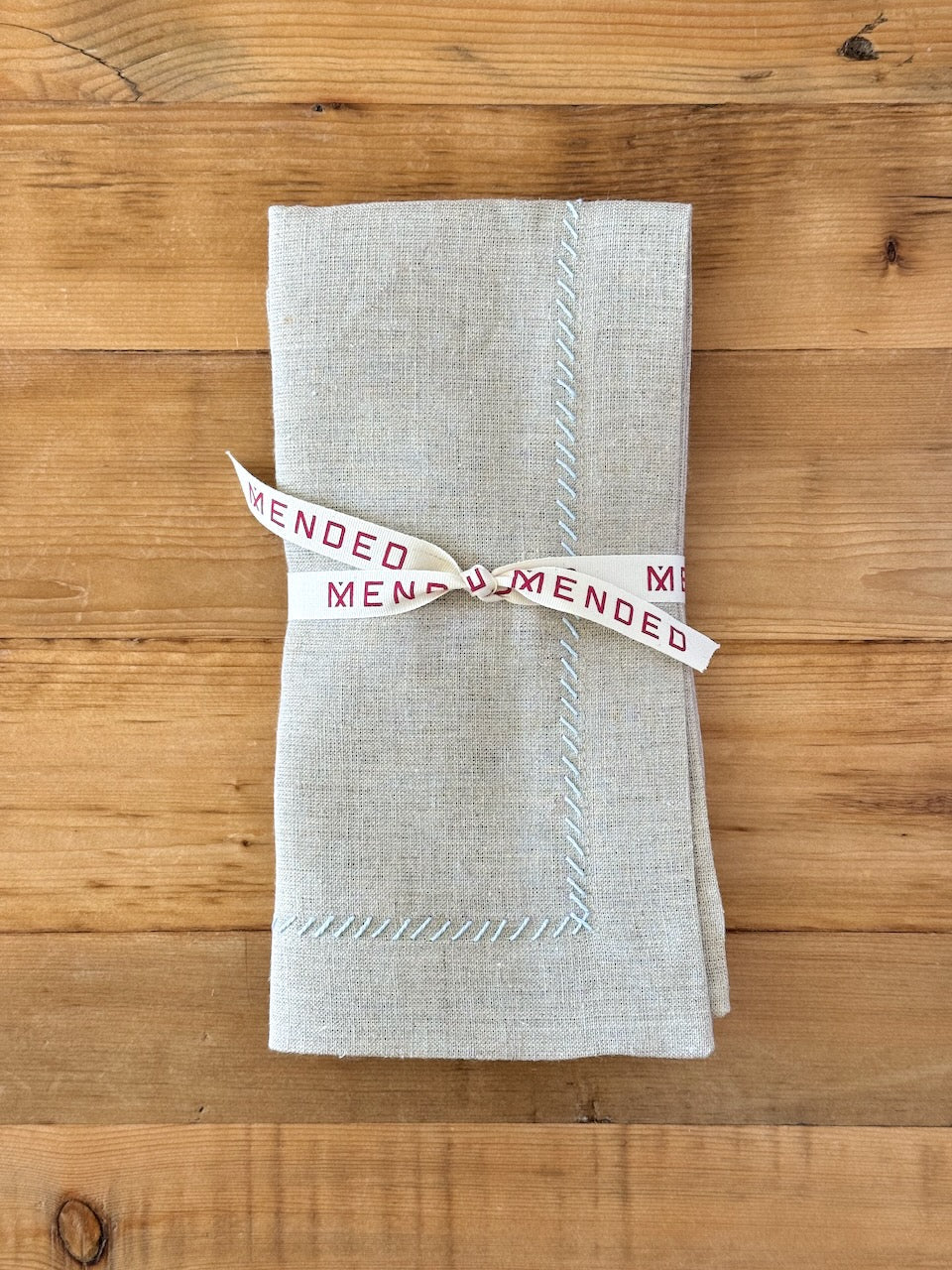 Dinner Napkins (set of 2) - Flax Linen, Light Blue Embroidery - The Mended Company