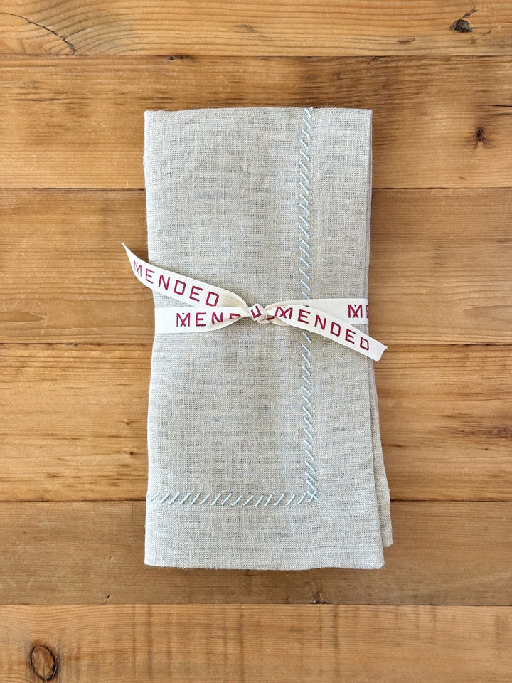Dinner Napkins (set of 2) - Flax Linen, Light Blue Embroidery - The Mended Company