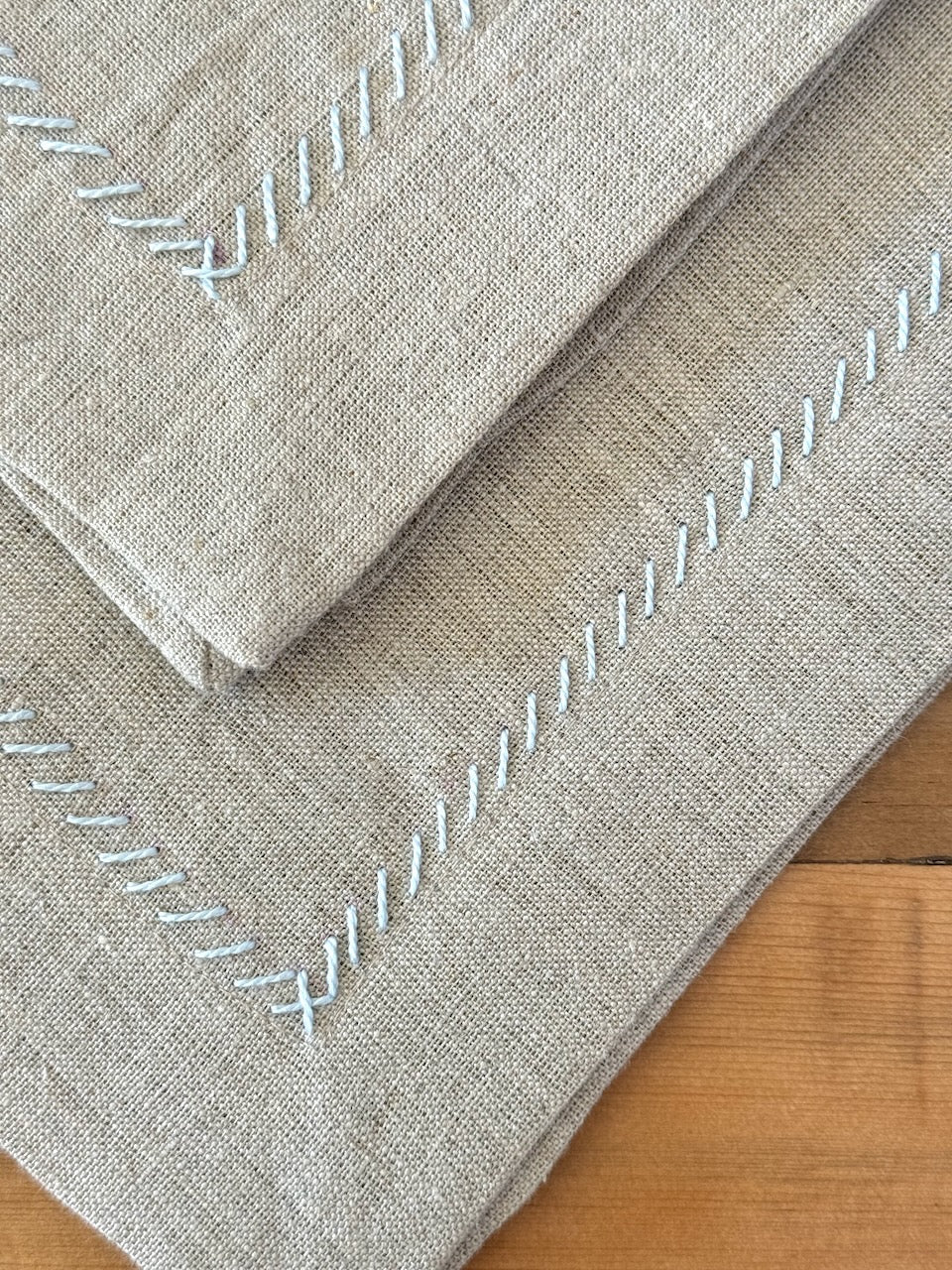 Dinner Napkins (set of 2) - Flax Linen, Light Blue Embroidery - The Mended Company