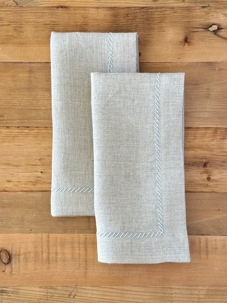 Dinner Napkins (set of 2) - Flax Linen, Light Blue Embroidery - The Mended Company