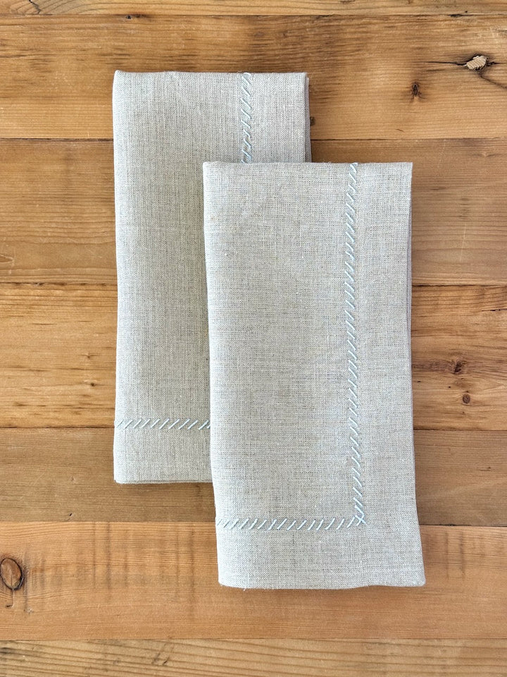 Dinner Napkins (set of 2) - Flax Linen, Light Blue Embroidery - The Mended Company