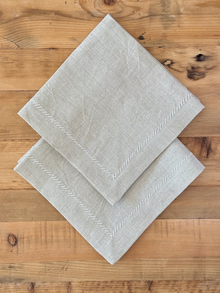 Dinner Napkins (set of 2) - Flax Linen, White Embroidery - The Mended Company
