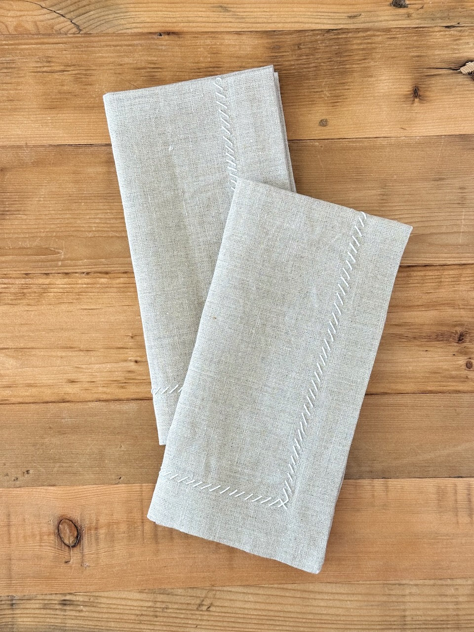 Dinner Napkins (set of 2) - Flax Linen, White Embroidery - The Mended Company