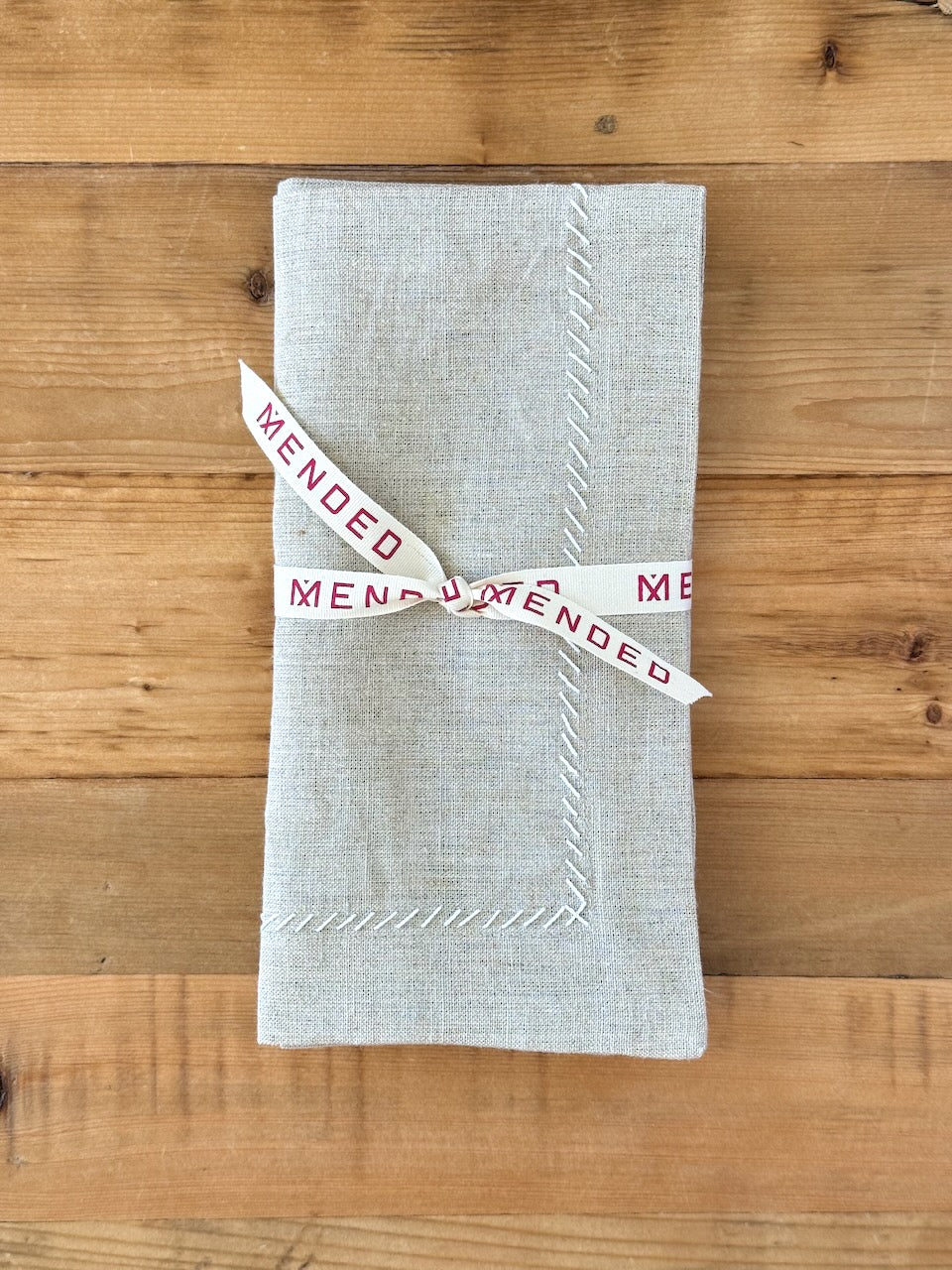 Dinner Napkins (set of 2) - Flax Linen, White Embroidery - The Mended Company