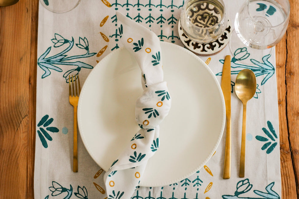 Dinner Napkins (set of 4) - Fiore Dot (Small), Midnight Green & Mustard - The Mended Company