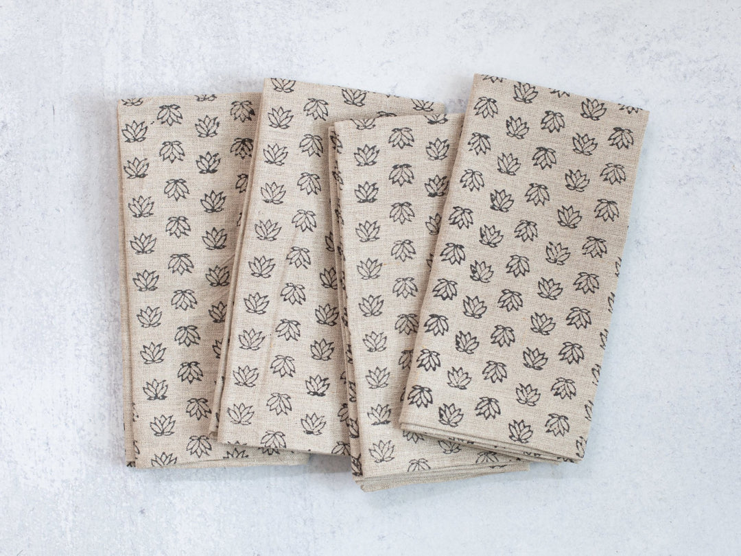 Dinner Napkins (set of 4) - Flax Linen - Baby Lotus, Black - The Mended Company
