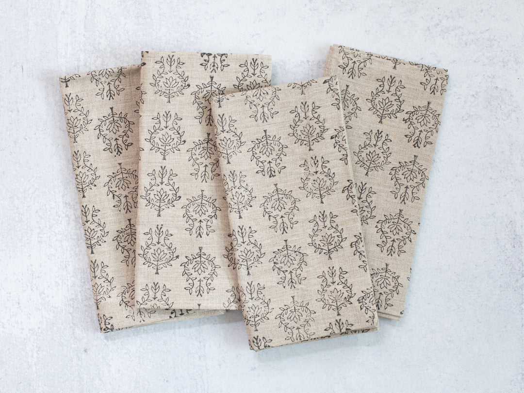 Dinner Napkins (set of 4) - Flax Linen - Lotus, Black - The Mended Company