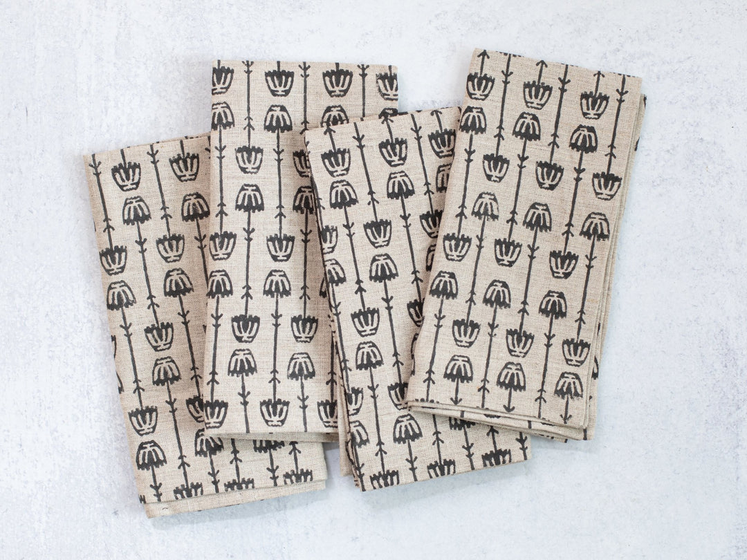 Dinner Napkins (set of 4) - Flax Linen - Mosaic Flower, Black - The Mended Company