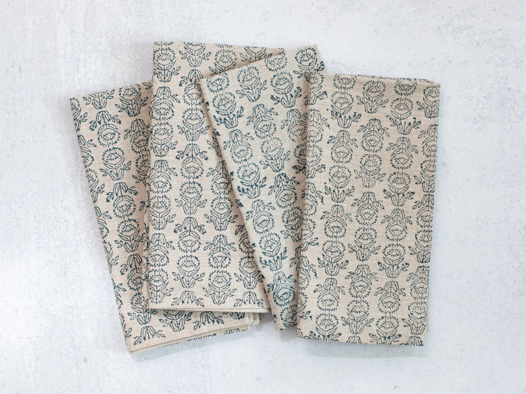 Dinner Napkins (set of 4) - Flax Linen - Protea, Midnight - The Mended Company