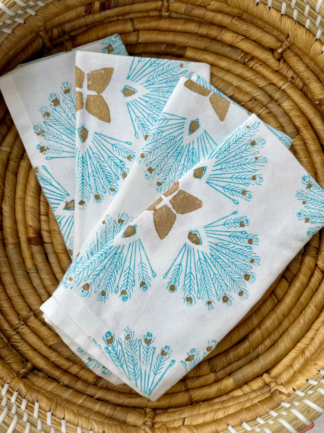 Dinner Napkins (set of 4) - Peacock Paradise, Surf & Gold - The Mended Company