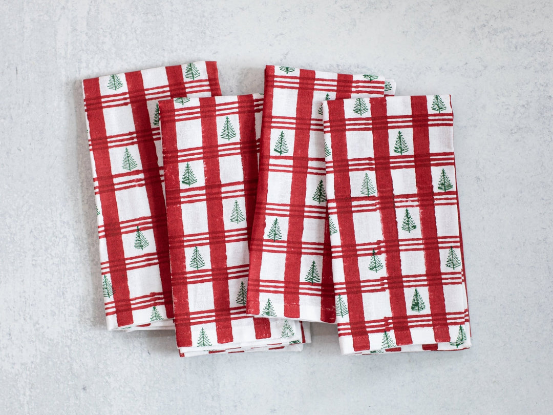 Dinner Napkins (set of 4) - Plaid Trees, Red & Evergreen - The Mended Company